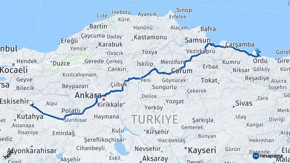 Ordu Perşembe Eskişehir Arası Kaç Km - Yol Haritası
