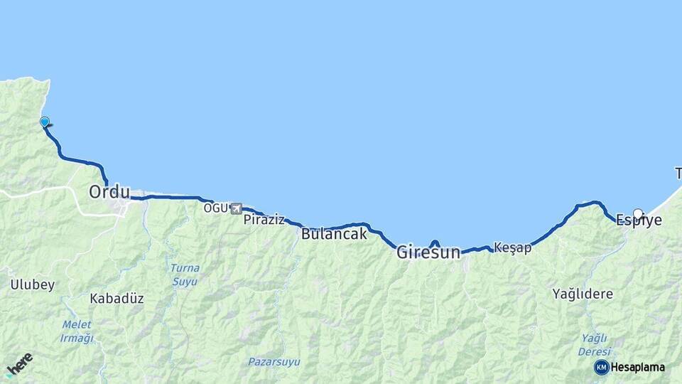 Ordu Perşembe Espiye Giresun Arası Kaç Km - Yol Haritası