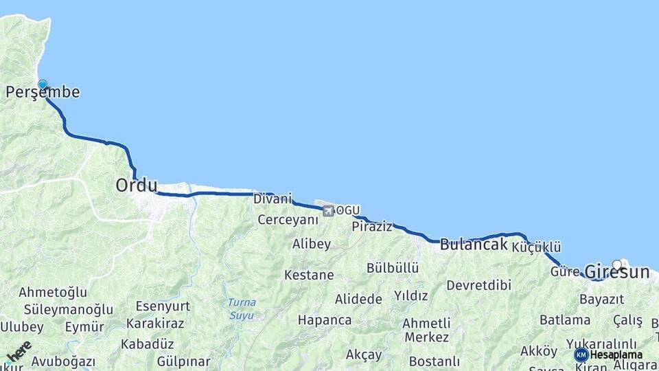 Ordu Perşembe Giresun Arası Kaç Km - Yol Haritası