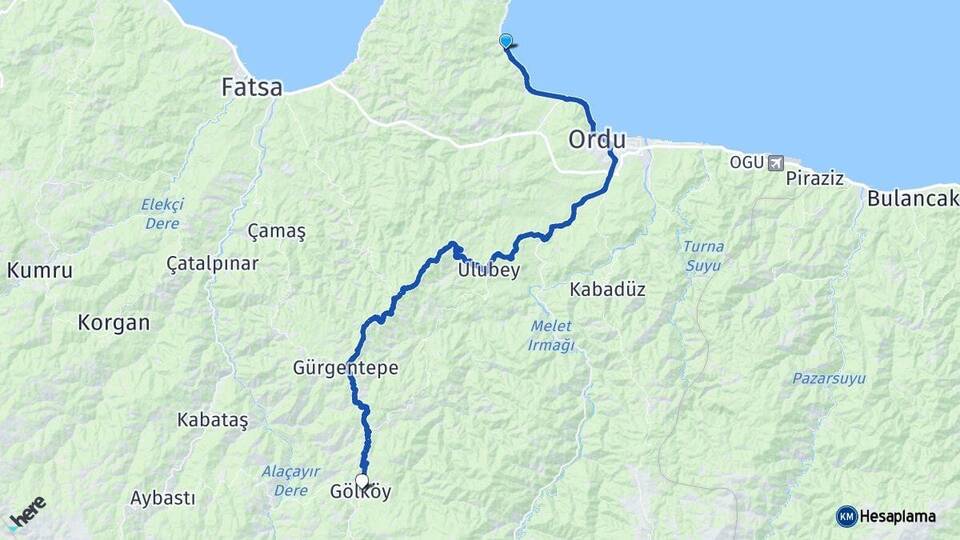 Ordu Perşembe Gölköy Arası Kaç Km - Yol Haritası