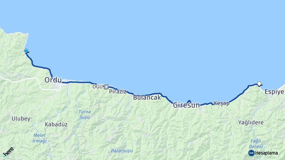 Ordu Perşembe Gülburnu Espiye Giresun Arası Kaç Km - Yol Haritası