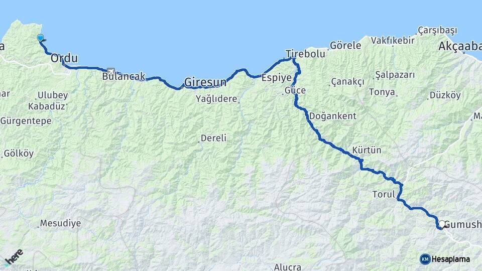 Ordu Perşembe Gümüşhane Arası Kaç Km - Yol Haritası