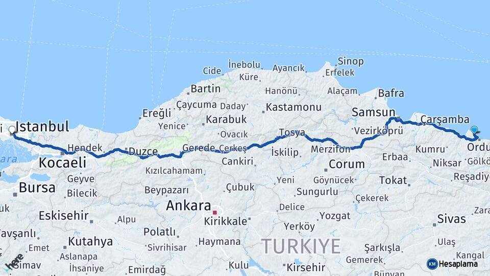 Ordu Perşembe İstanbul Arası Kaç Km - Yol Haritası