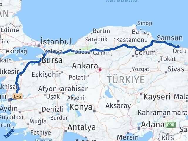 Ordu Perşembe İzmir Arası Kaç Km - Yol Haritası