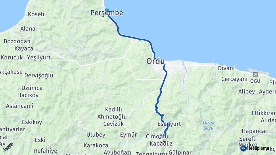 Ordu Perşembe Kabadüz Arası Kaç Km - Yol Haritası