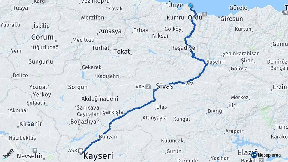 Ordu Perşembe Kayseri Arası Kaç Km - Yol Haritası