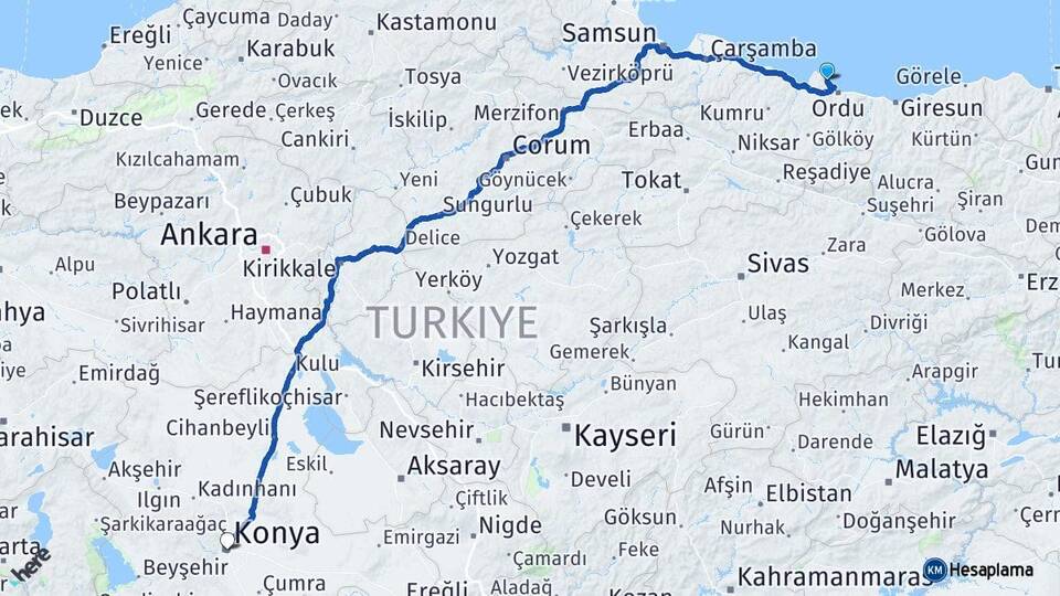 Ordu Perşembe Konya Arası Kaç Km - Yol Haritası
