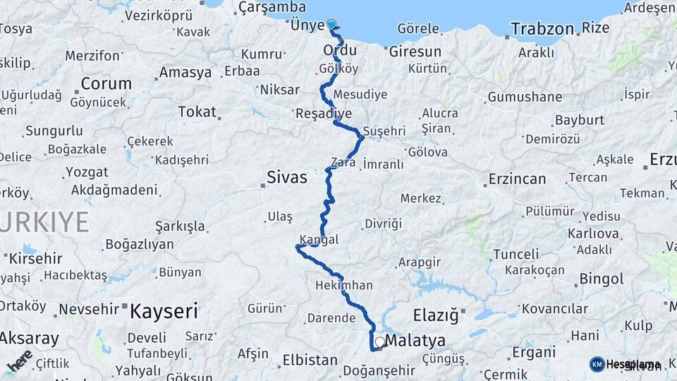 Ordu Perşembe Malatya Arası Kaç Km - Yol Haritası