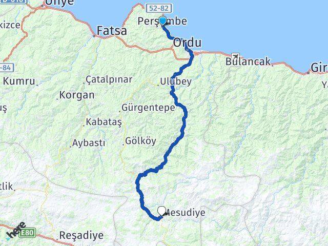 Ordu Perşembe Mesudiye Arası Kaç Km - Yol Haritası