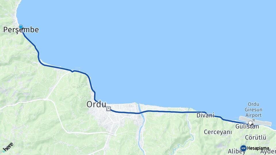 Ordu Perşembe Ordu Giresun Havalimanı Arası Kaç Km - Yol Haritası