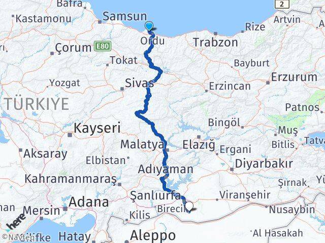 Ordu Perşembe Parapara Harran Şanlıurfa Arası Kaç Km - Yol Haritası