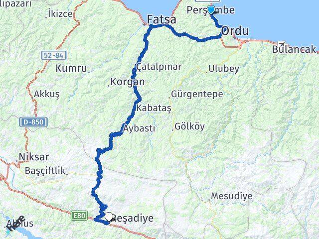 Ordu Perşembe Reşadiye Tokat Arası Kaç Km - Yol Haritası