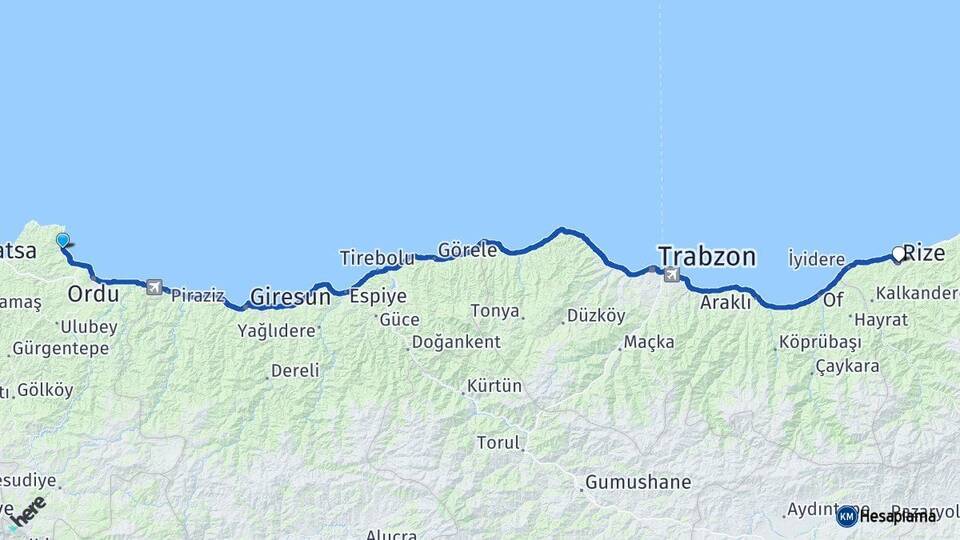 Ordu Perşembe Rize Arası Kaç Km - Yol Haritası