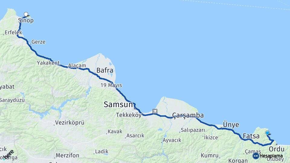 Ordu Perşembe Sinop Arası Kaç Km - Yol Haritası