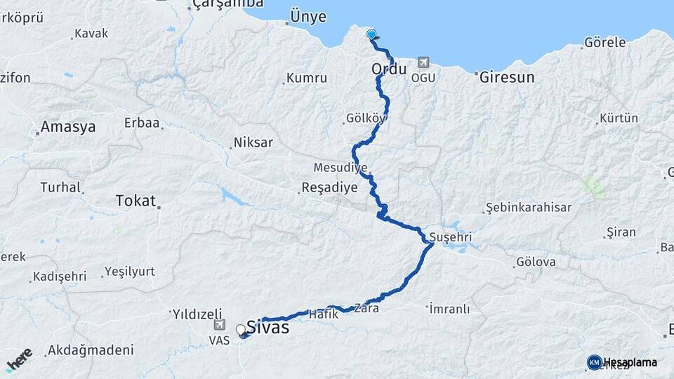 Ordu Perşembe Sivas Arası Kaç Km - Yol Haritası