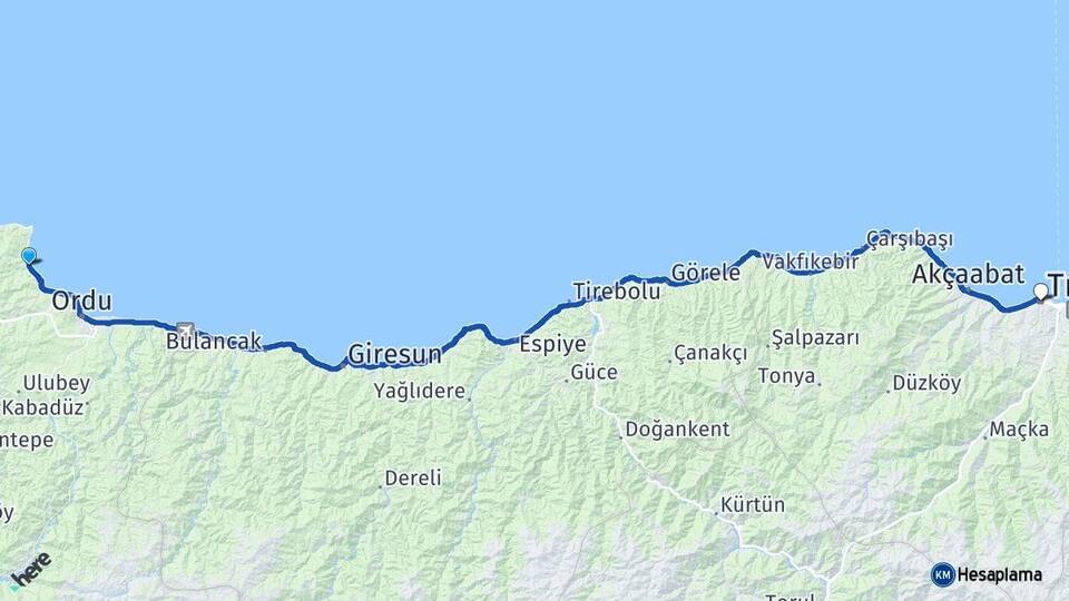 Ordu Perşembe Trabzon Arası Kaç Km - Yol Haritası