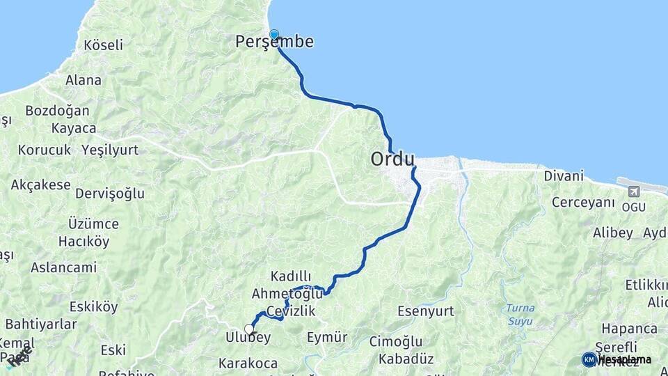 Ordu Perşembe Ulubey Arası Kaç Km - Yol Haritası