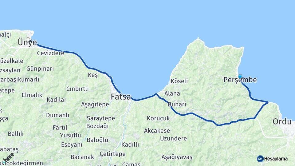 Ordu Perşembe Ünye Arası Kaç Km - Yol Haritası