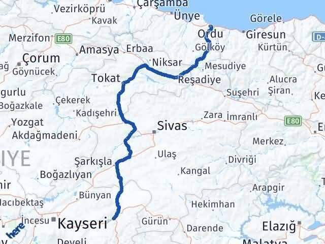 Ordu Pınarbaşı Kayseri Arası Kaç Km - Yol Haritası