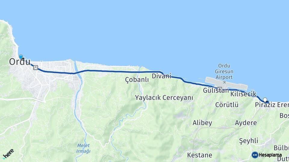 Ordu Piraziz Giresun Arası Kaç Km - Yol Haritası