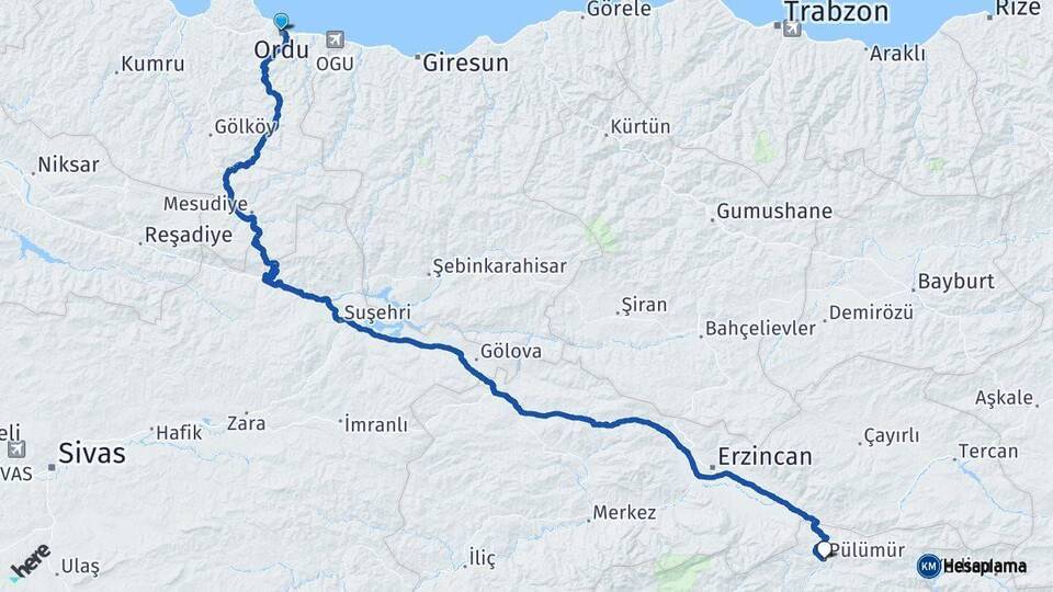 Ordu Pülümür Tunceli Arası Kaç Km - Yol Haritası
