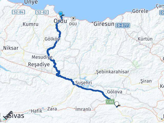 Ordu Refahiye Erzincan Arası Kaç Km - Yol Haritası