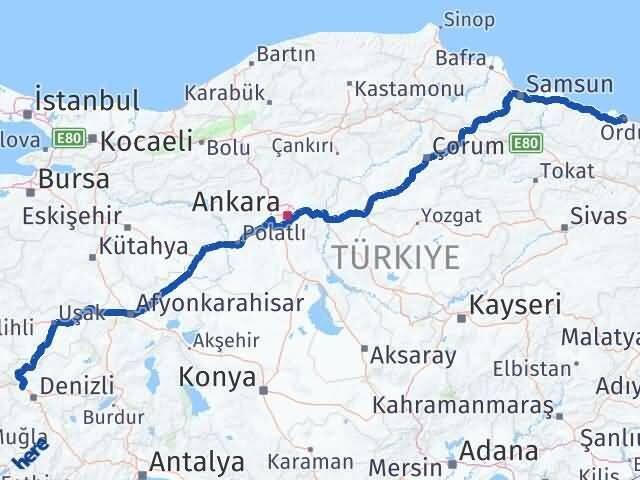 Ordu Sarayköy Denizli Arası Kaç Km - Yol Haritası