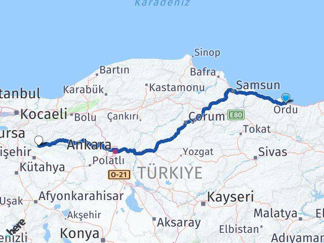 Ordu Sarıcakaya Eskişehir Arası Kaç Km - Yol Haritası
