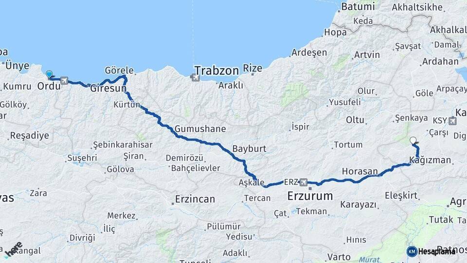 Ordu Sarıkamış Kars Arası Kaç Km - Yol Haritası