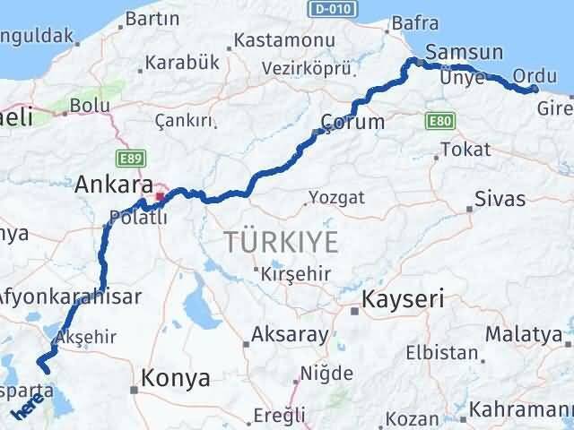 Ordu Şarkikaraağaç Isparta Arası Kaç Km - Yol Haritası