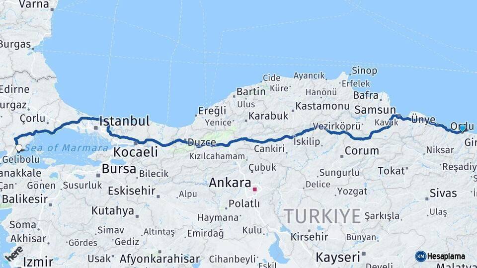 Ordu Şarköy Tekirdağ Arası Kaç Km - Yol Haritası