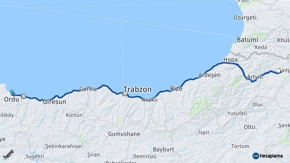 Ordu Şavşat Artvin Arası Kaç Km - Yol Haritası