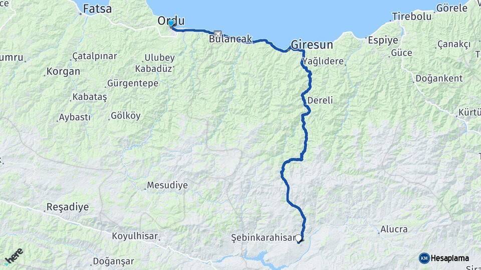 Ordu Şebinkarahisar Giresun Arası Kaç Km - Yol Haritası