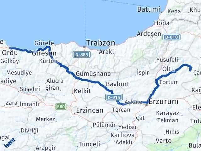 Ordu Şenkaya Erzurum Arası Kaç Km - Yol Haritası
