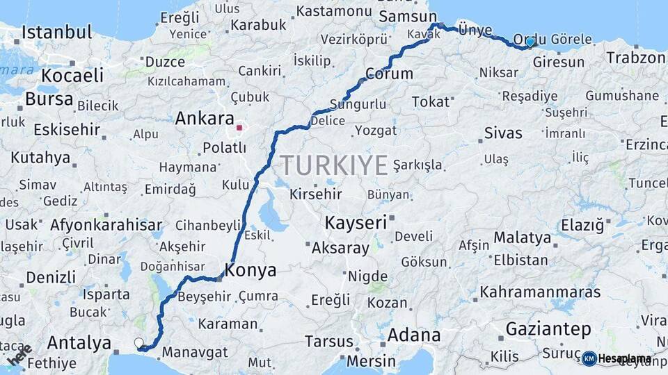 Ordu Serik Antalya Arası Kaç Km - Yol Haritası