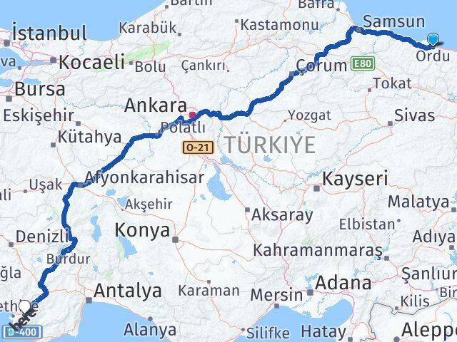 Ordu Seydikemer Muğla Arası Kaç Km - Yol Haritası