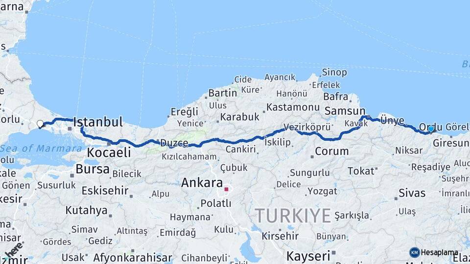 Ordu Silivri İstanbul Arası Kaç Km - Yol Haritası