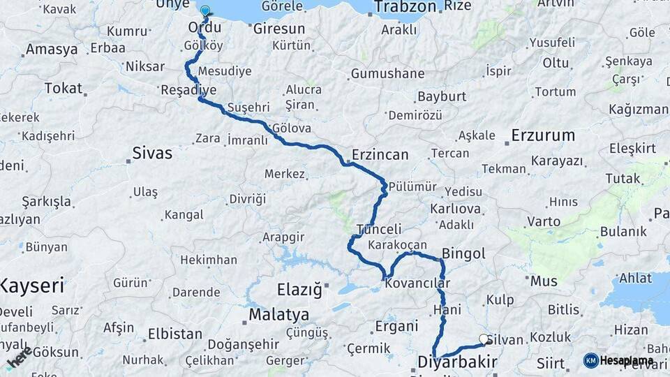 Ordu Silvan Diyarbakır Arası Kaç Km - Yol Haritası