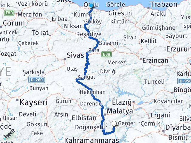 Ordu Sincik Adıyaman Arası Kaç Km - Yol Haritası