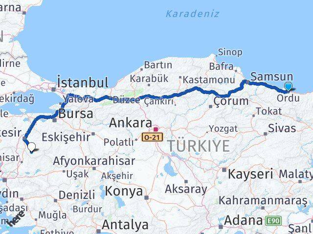 Ordu Sındırgı Balıkesir Arası Kaç Km - Yol Haritası