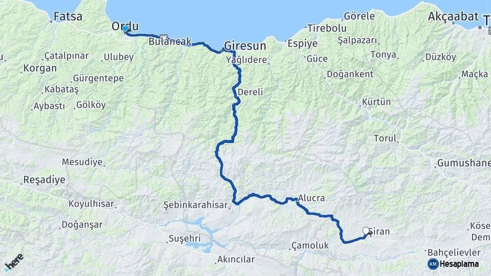 Ordu Şiran Gümüşhane Arası Kaç Km - Yol Haritası