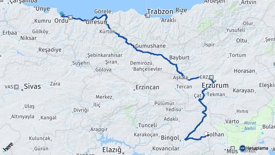 Ordu Solhan Bingöl Arası Kaç Km - Yol Haritası