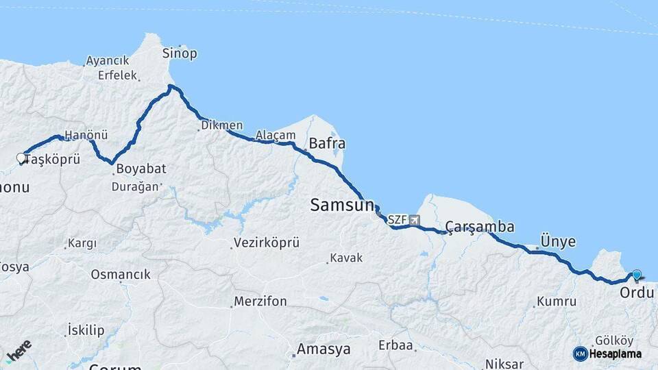 Ordu Taşköprü Kastamonu Arası Kaç Km - Yol Haritası