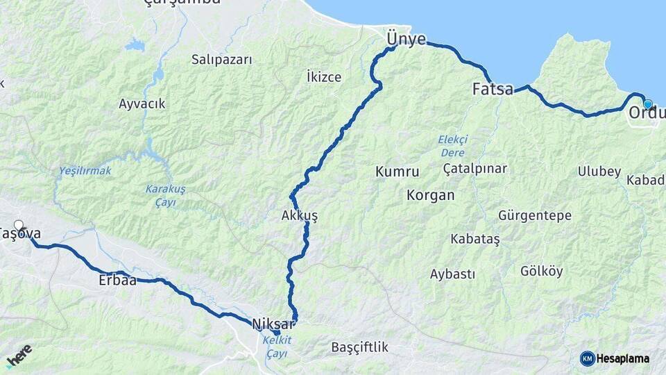 Ordu Taşova Amasya Arası Kaç Km - Yol Haritası