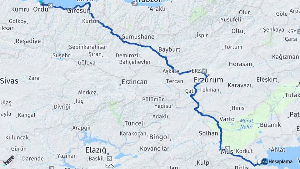 Ordu Tatvan Bitlis Arası Kaç Km - Yol Haritası