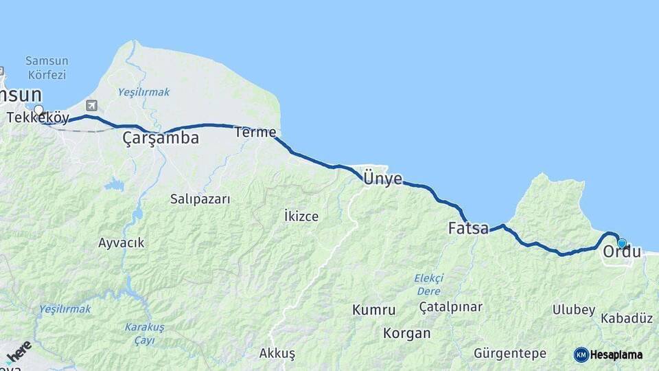 Ordu Tekkeköy Samsun Arası Kaç Km - Yol Haritası