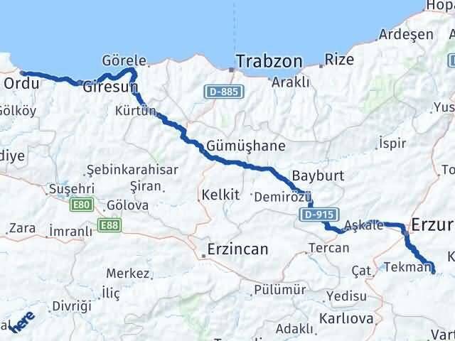 Ordu Tekman Erzurum Arası Kaç Km - Yol Haritası