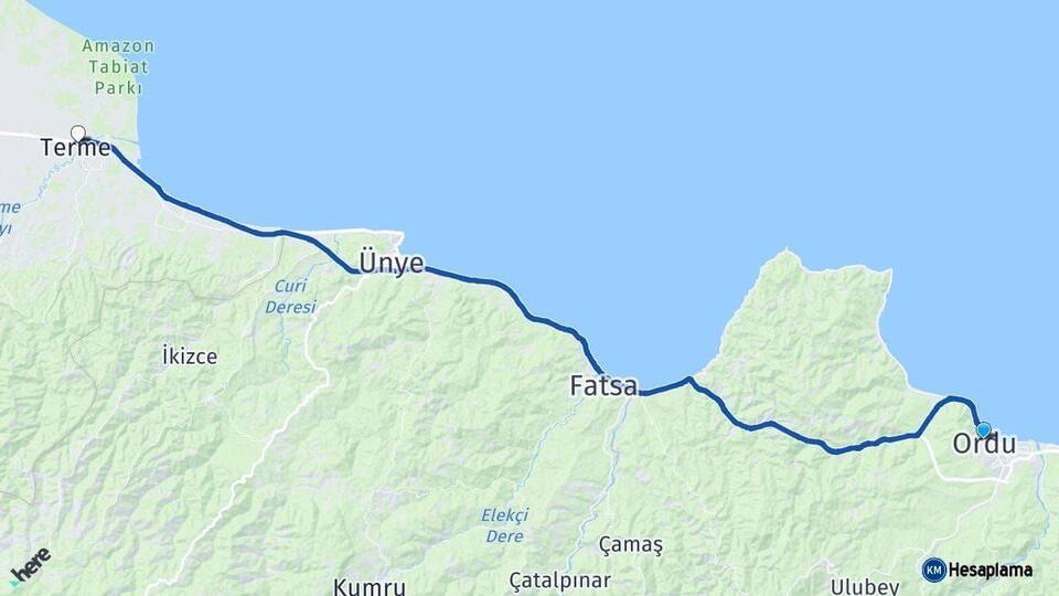 Ordu Terme Samsun Arası Kaç Km - Yol Haritası