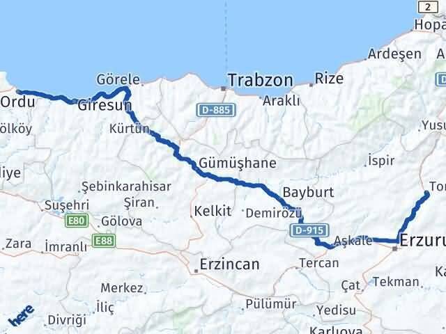 Ordu Tortum Erzurum Arası Kaç Km - Yol Haritası