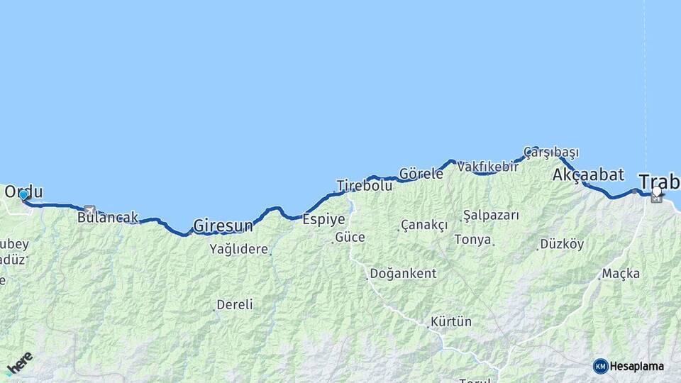 Ordu Trabzon Havalimanı Arası Kaç Km - Yol Haritası